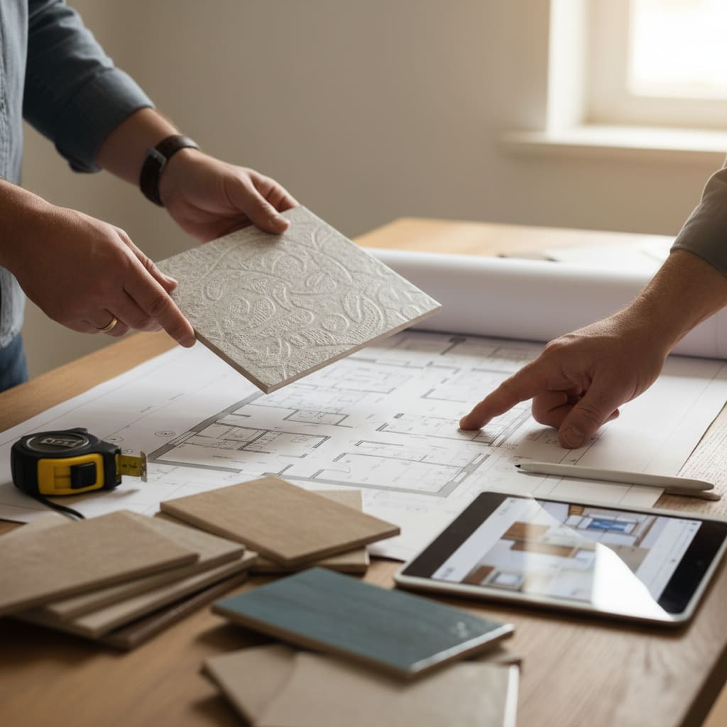 Homeowner and flooring contractor reviewing tile samples