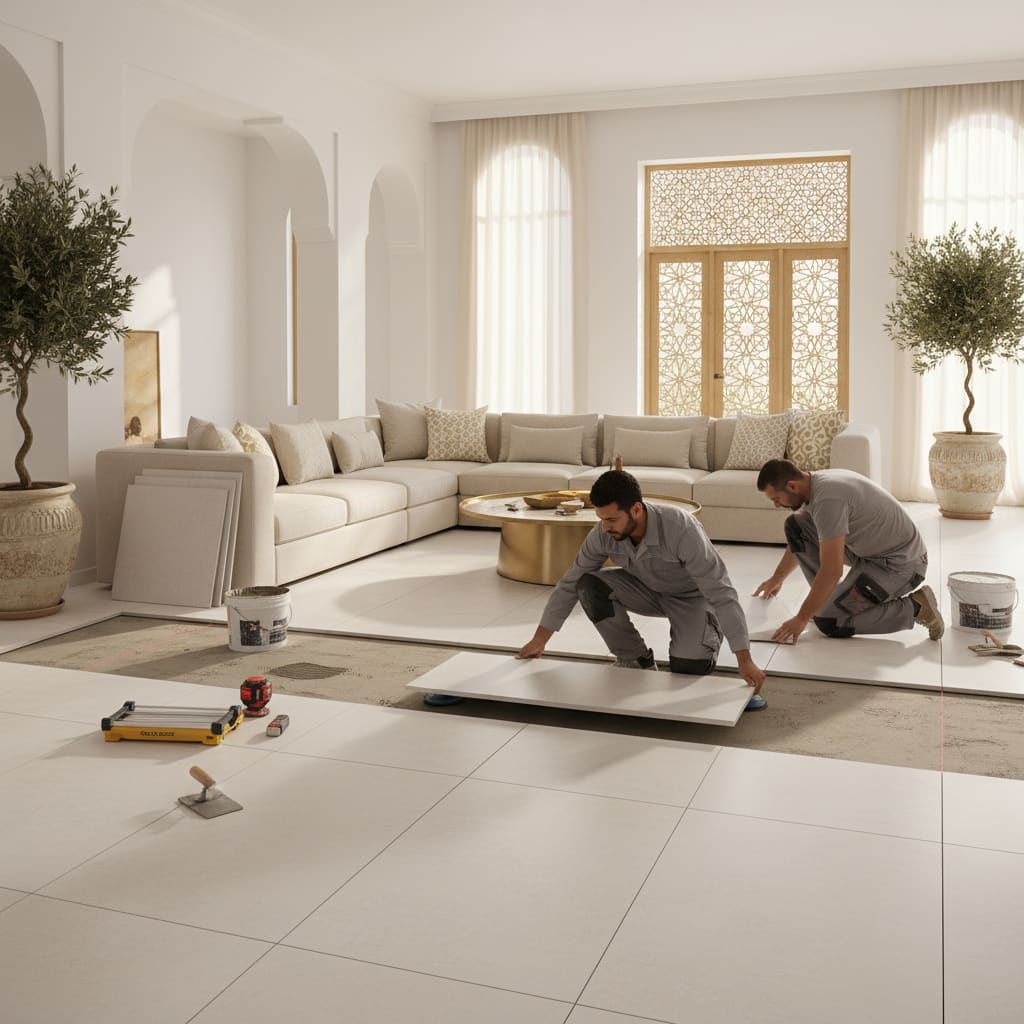 Flooring installer placing porcelain tiles in a modern Doha living room