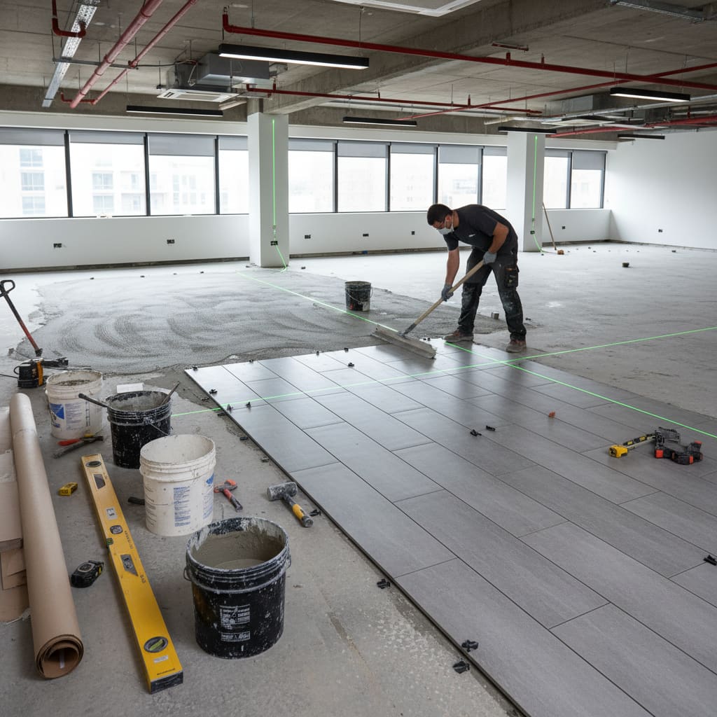 Flooring contractor installing tiles on a commercial floor