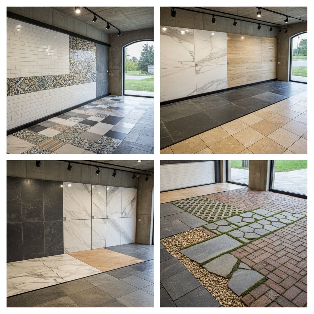 Selection of ceramic, stone, and outdoor tiles